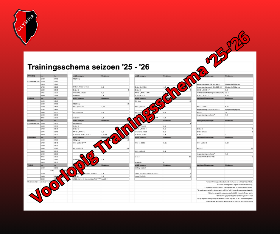 Voorlopig trainingsschema 2025-2026